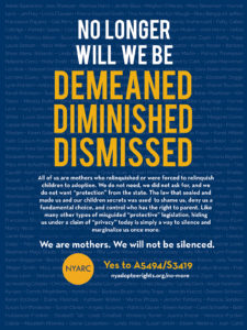 Poster signed by 258 birthmothers who state that they were never promised, did not ask for, and did not want protection from the state