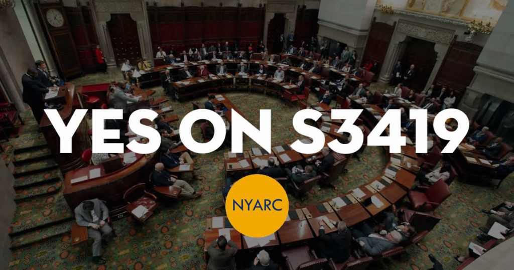 Image of New York state senate in chambers and session with the words overlayed Yes on S3419 and logo of NYARC, the New York Adoptee Rights Coalition
