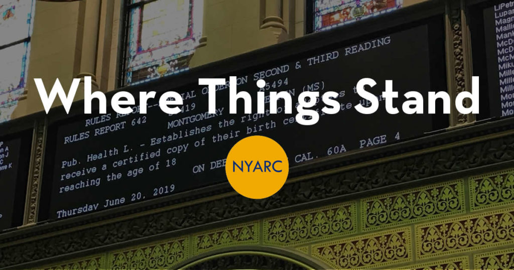 Words in white of Where Things Stand with NYARC logo set over the voting results of Senate File 3419 in the New York State Assembly